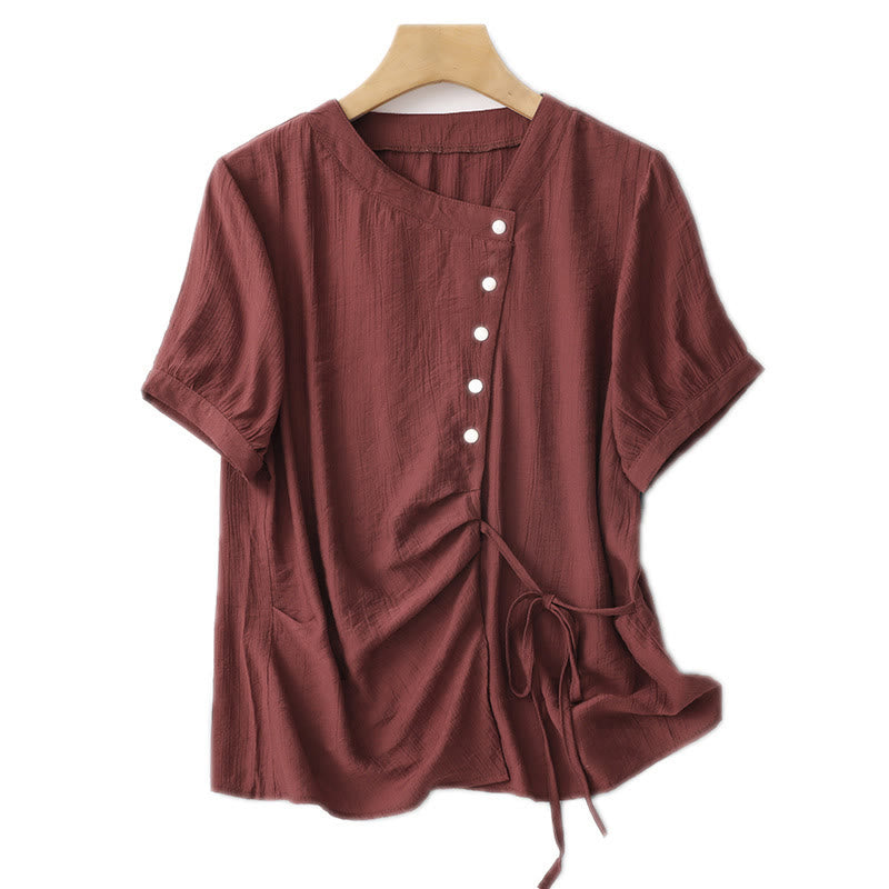 Buddha Stones Casual Plain Asymmetrical Lace-Up Design Puff Short Sleeve Women's Cotton Shirt