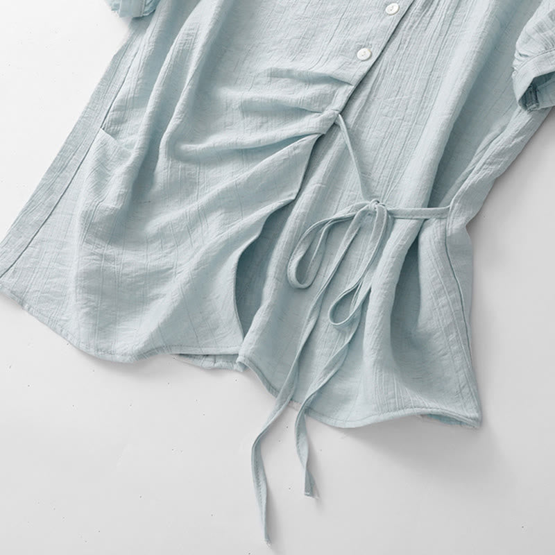Buddha Stones Casual Plain Asymmetrical Lace-Up Design Puff Short Sleeve Women's Cotton Shirt
