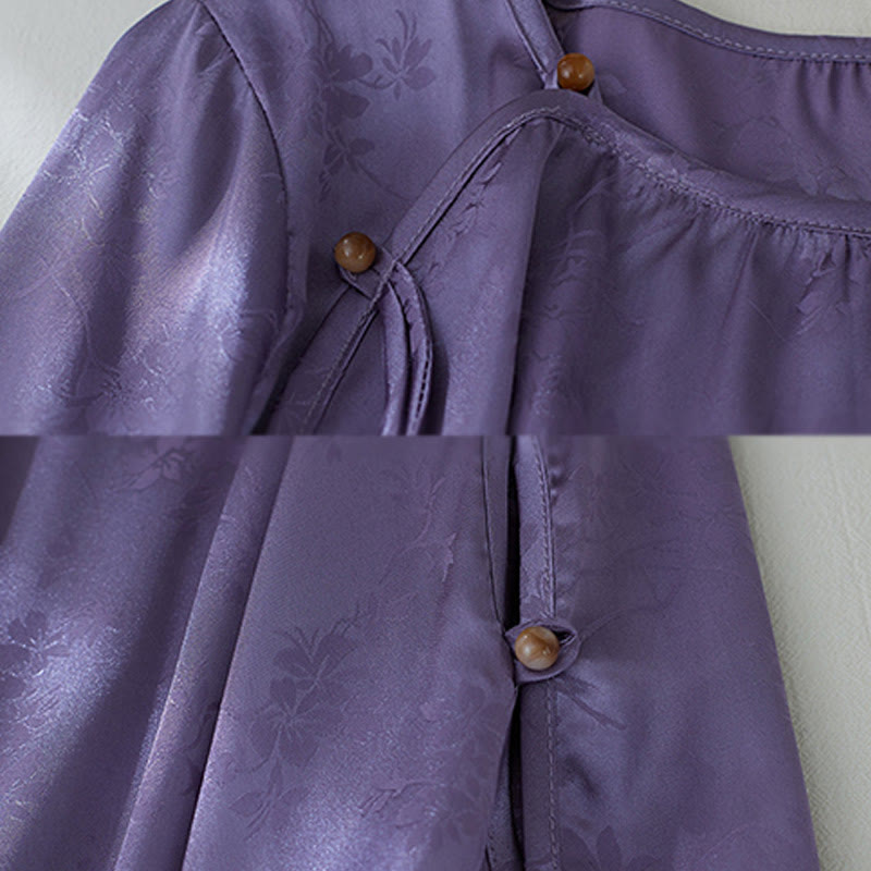 Buddha Stones Summer Solid Color Jacquard Flower Slit Design Three Quarter Sleeve Women's Shirt