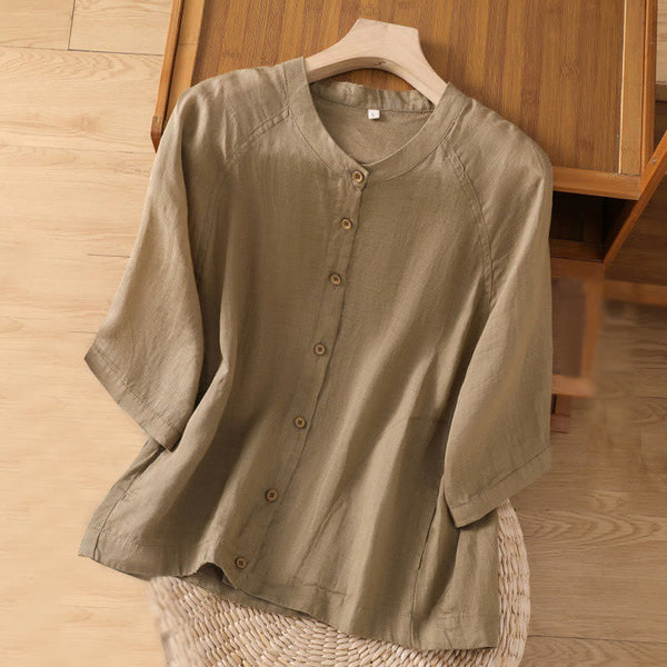 Buddha Stones Vintage Three Quarter Sleeve Cotton Linen Women's Shirt With Pockets