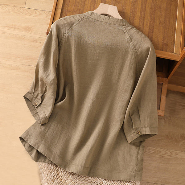 Buddha Stones Vintage Three Quarter Sleeve Cotton Linen Women's Shirt With Pockets