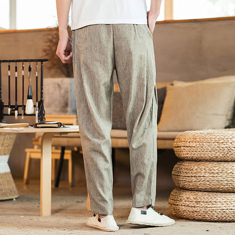Buddha Stones Solid Color Linen Drawstring Tapered Men's Pants With Pockets