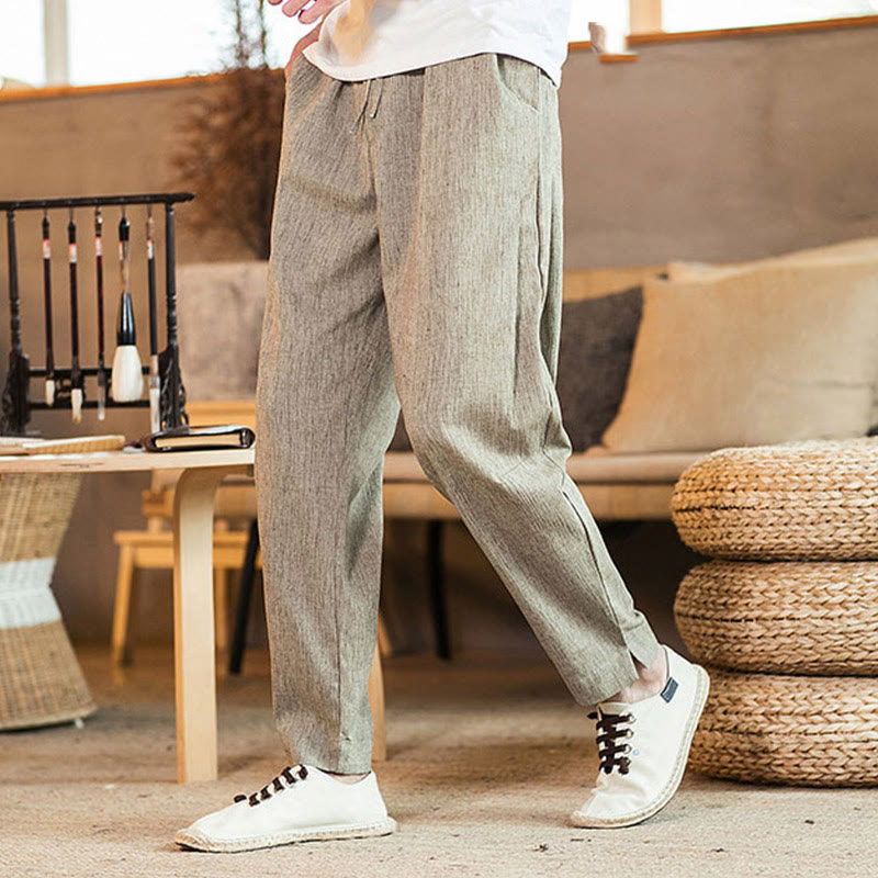 Buddha Stones Solid Color Linen Drawstring Tapered Men's Pants With Pockets
