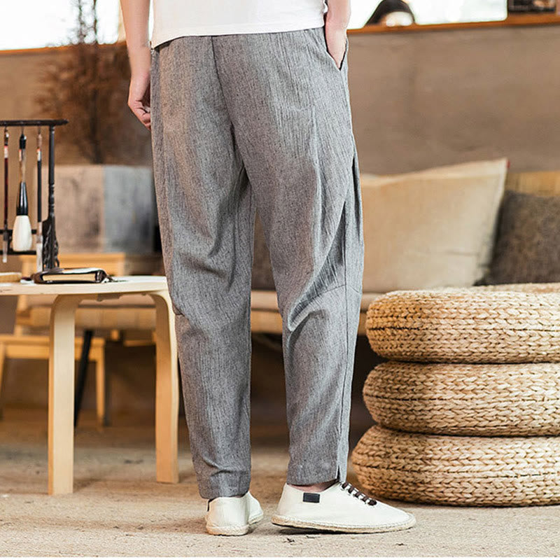 Buddha Stones Solid Color Linen Drawstring Tapered Men's Pants With Pockets