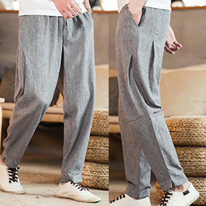 Buddha Stones Solid Color Linen Drawstring Tapered Men's Pants With Pockets