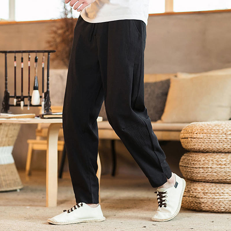 Buddha Stones Solid Color Linen Drawstring Tapered Men's Pants With Pockets
