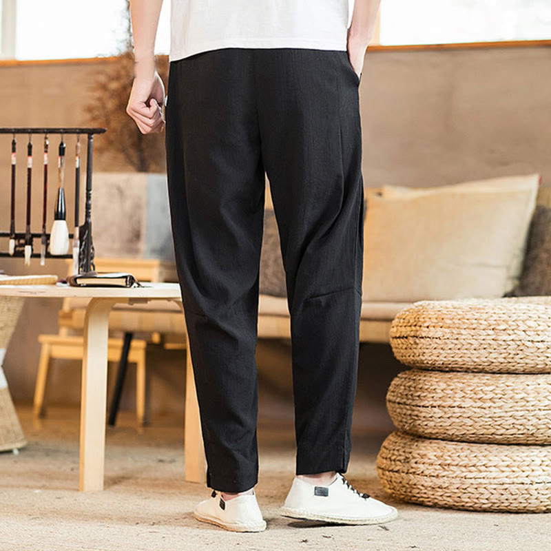 Buddha Stones Solid Color Linen Drawstring Tapered Men's Pants With Pockets