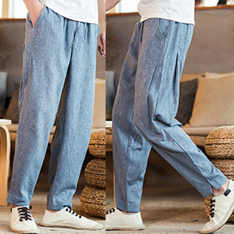 Buddha Stones Solid Color Linen Drawstring Tapered Men's Pants With Pockets