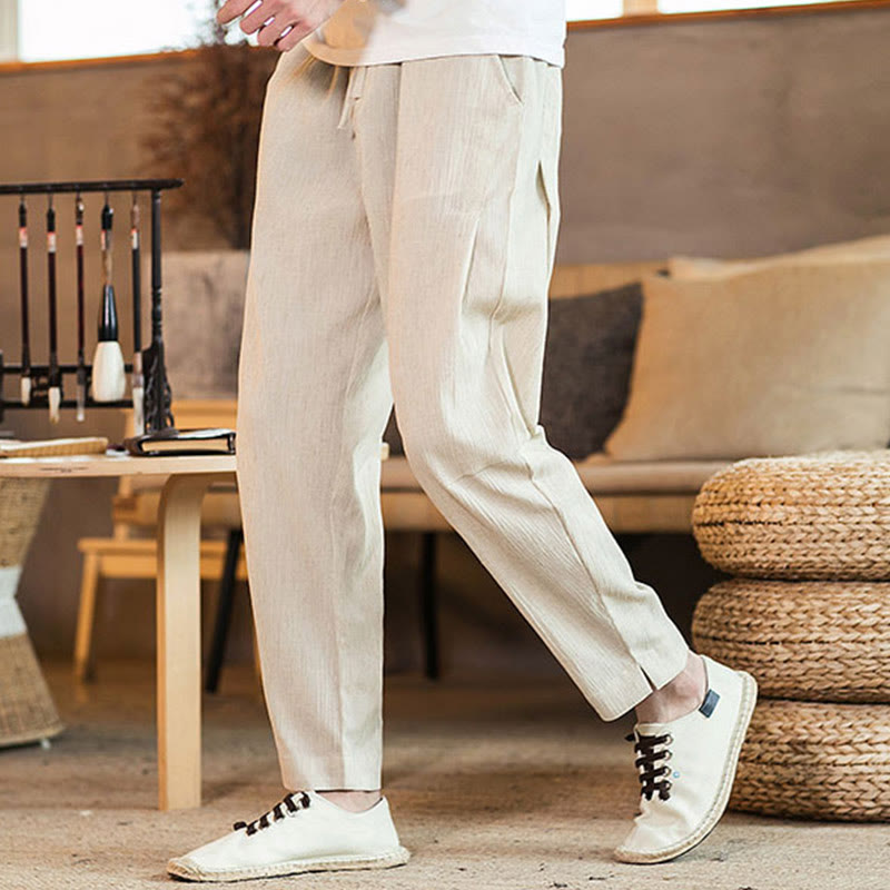 Buddha Stones Solid Color Linen Drawstring Tapered Men's Pants With Pockets