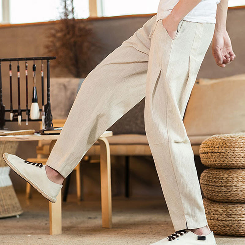 Buddha Stones Solid Color Linen Drawstring Tapered Men's Pants With Pockets