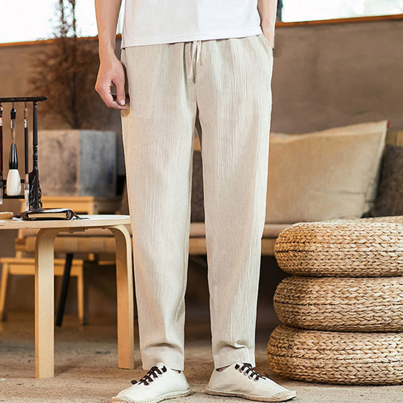 Buddha Stones Solid Color Linen Drawstring Tapered Men's Pants With Pockets