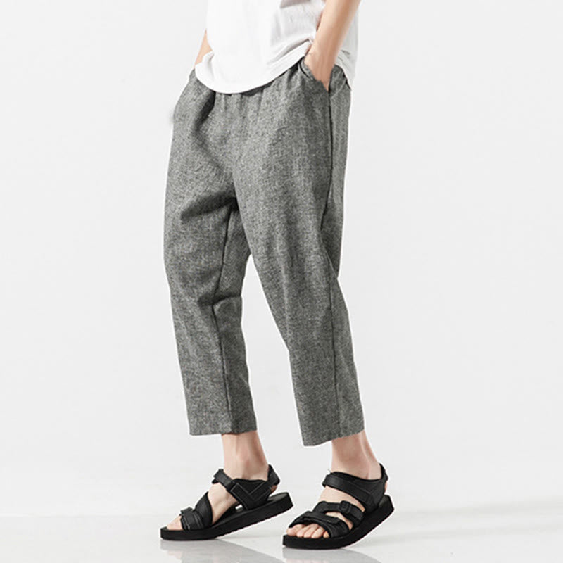 Buddha Stones Summer Plain Men's 7-8 Length Cotton Linen Pants With Pockets