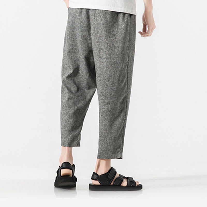 Buddha Stones Summer Plain Men's 7-8 Length Cotton Linen Pants With Pockets