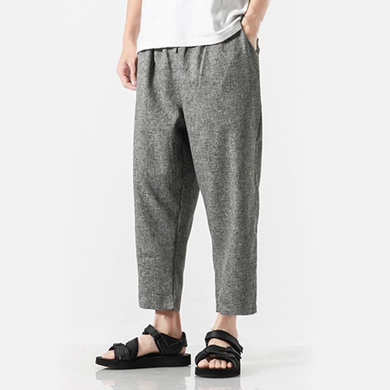 Buddha Stones Summer Plain Men's 7-8 Length Cotton Linen Pants With Pockets