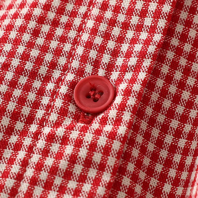 Buddha Stones Spring Plaid Ruffled Crew Neck Design Three Quarter Sleeve Cotton Women's Shirt