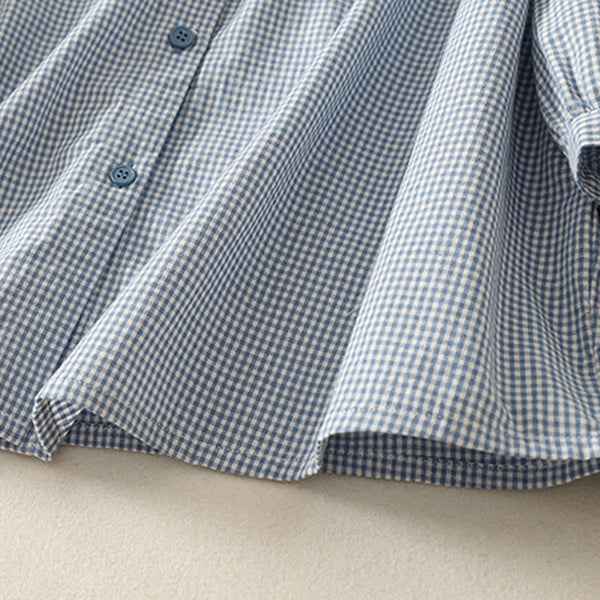 Buddha Stones Spring Plaid Ruffled Crew Neck Design Three Quarter Sleeve Cotton Women's Shirt