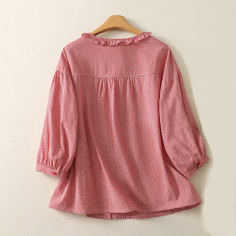 Buddha Stones Spring Plaid Ruffled Crew Neck Design Three Quarter Sleeve Cotton Women's Shirt