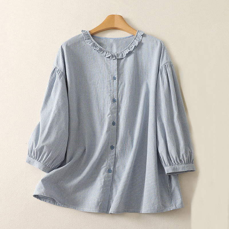 Buddha Stones Spring Plaid Ruffled Crew Neck Design Three Quarter Sleeve Cotton Women's Shirt