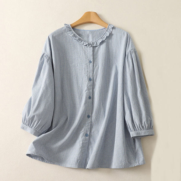 Buddha Stones Spring Plaid Ruffled Crew Neck Design Three Quarter Sleeve Cotton Women's Shirt