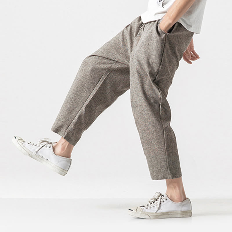 Buddha Stones Summer Plain Men's 7-8 Length Cotton Linen Pants With Pockets