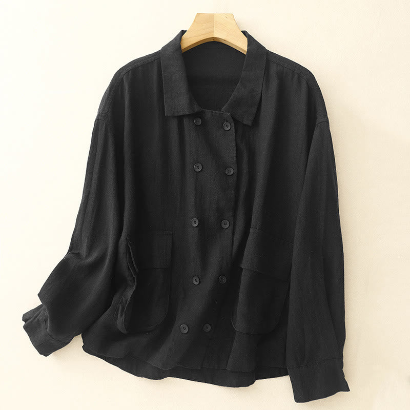 Buddha Stones Double‑Breasted Design Long Sleeve Women's Cotton Linen Jacket With Pockets