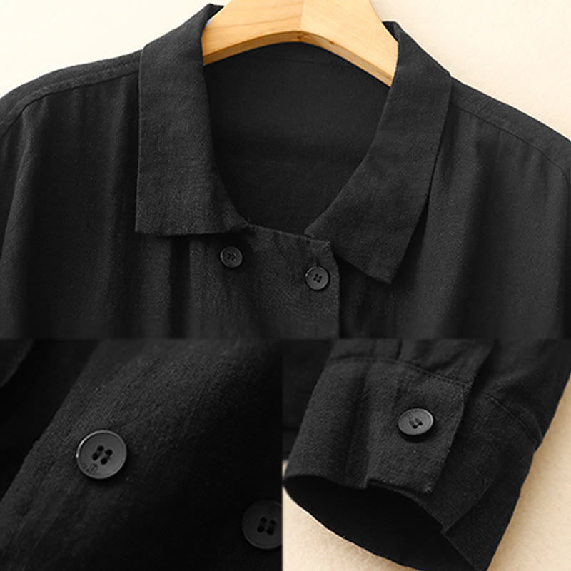 Buddha Stones Double‑Breasted Design Long Sleeve Women's Cotton Linen Jacket With Pockets