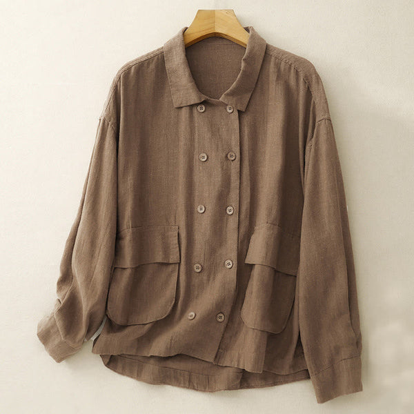 Buddha Stones Double‑Breasted Design Long Sleeve Women's Cotton Linen Jacket With Pockets