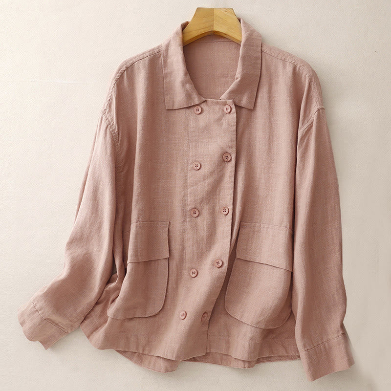 Buddha Stones Double‑Breasted Design Long Sleeve Women's Cotton Linen Jacket With Pockets