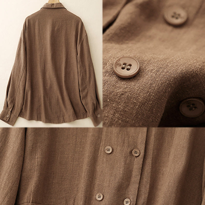 Buddha Stones Double‑Breasted Design Long Sleeve Women's Cotton Linen Jacket With Pockets