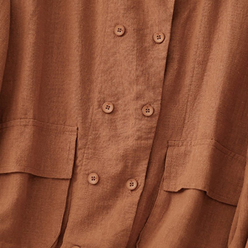 Buddha Stones Double‑Breasted Design Long Sleeve Women's Cotton Linen Jacket With Pockets