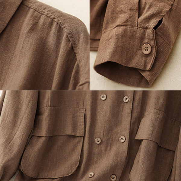 Buddha Stones Double‑Breasted Design Long Sleeve Women's Cotton Linen Jacket With Pockets
