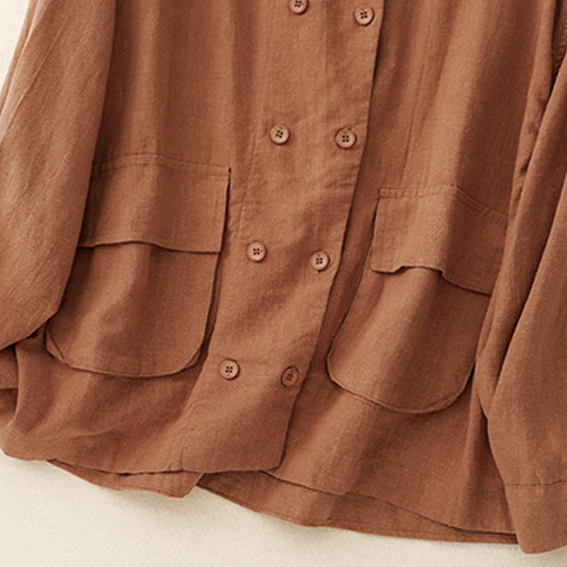 Buddha Stones Double‑Breasted Design Long Sleeve Women's Cotton Linen Jacket With Pockets