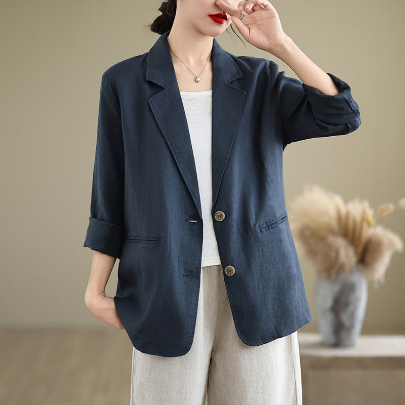 Buddha Stones Spring Casual Solid Color Long Sleeve Cotton Linen Women's Jacket With Pockets