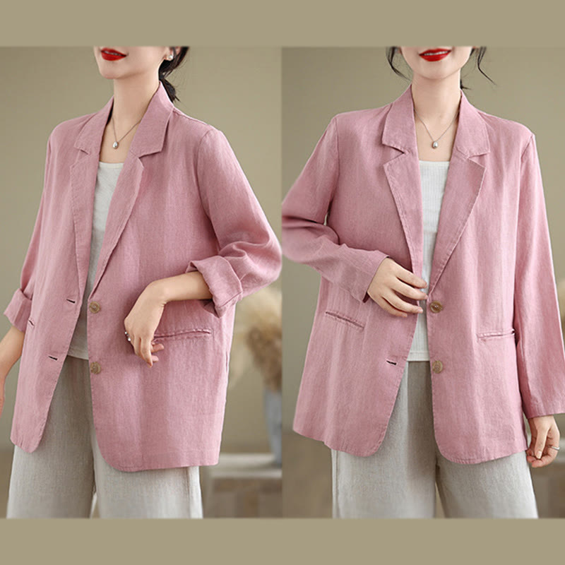 Buddha Stones Spring Casual Solid Color Long Sleeve Cotton Linen Women's Jacket With Pockets