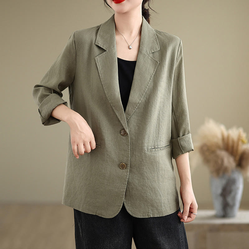 Buddha Stones Spring Casual Solid Color Long Sleeve Cotton Linen Women's Jacket With Pockets