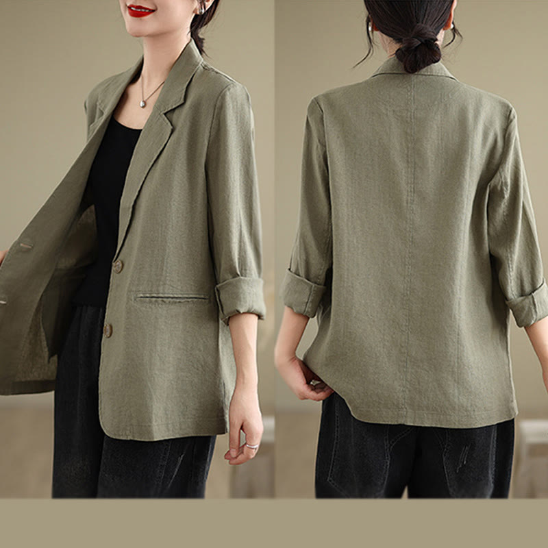 Buddha Stones Spring Casual Solid Color Long Sleeve Cotton Linen Women's Jacket With Pockets