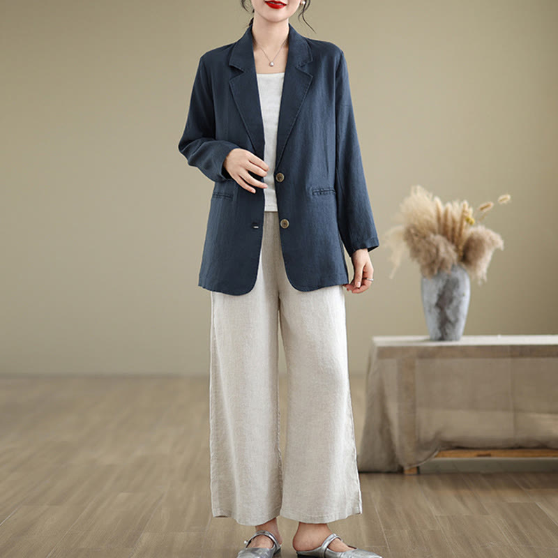 Buddha Stones Spring Casual Solid Color Long Sleeve Cotton Linen Women's Jacket With Pockets