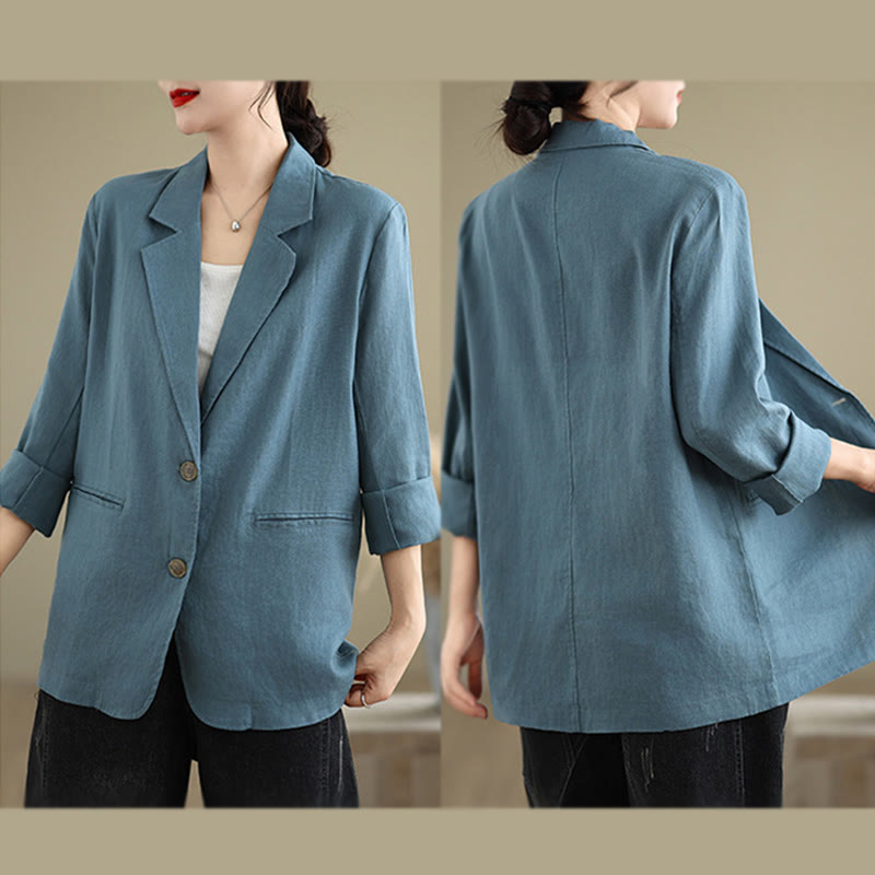 Buddha Stones Spring Casual Solid Color Long Sleeve Cotton Linen Women's Jacket With Pockets