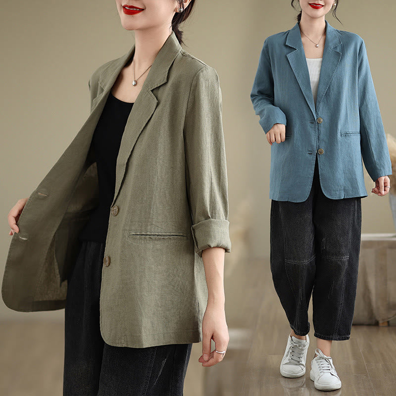 Buddha Stones Spring Casual Solid Color Long Sleeve Cotton Linen Women's Jacket With Pockets
