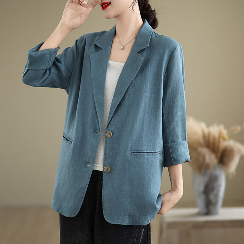 Buddha Stones Spring Casual Solid Color Long Sleeve Cotton Linen Women's Jacket With Pockets