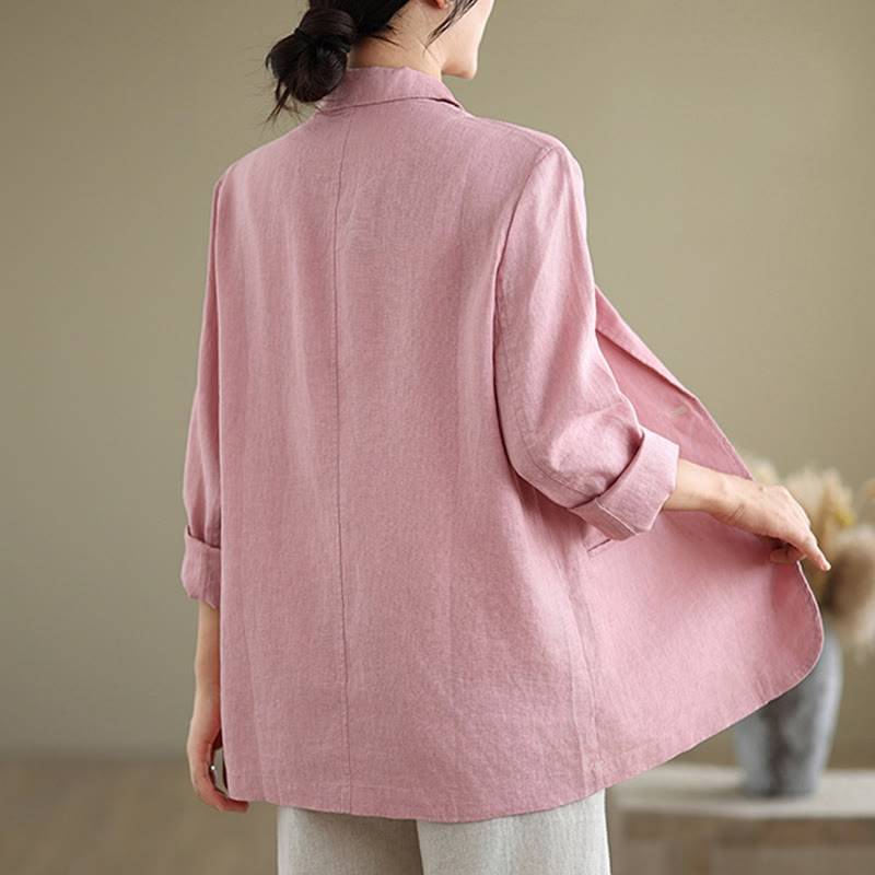 Buddha Stones Spring Casual Solid Color Long Sleeve Cotton Linen Women's Jacket With Pockets