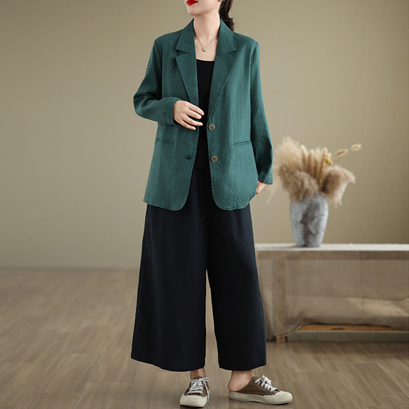 Buddha Stones Spring Casual Solid Color Long Sleeve Cotton Linen Women's Jacket With Pockets