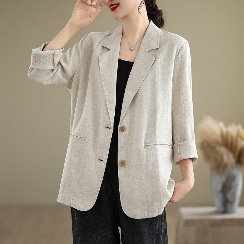 Buddha Stones Spring Casual Solid Color Long Sleeve Cotton Linen Women's Jacket With Pockets