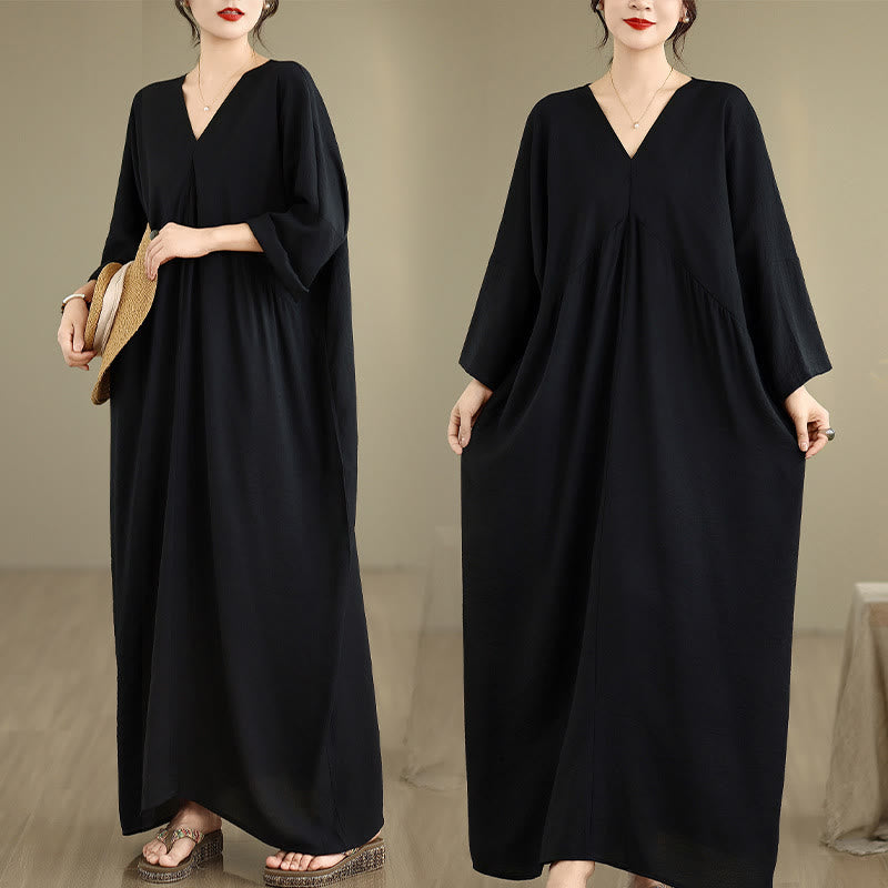 Buddha Stones Fall Casual V-Neck Long Sleeve Cotton Maxi Dress
