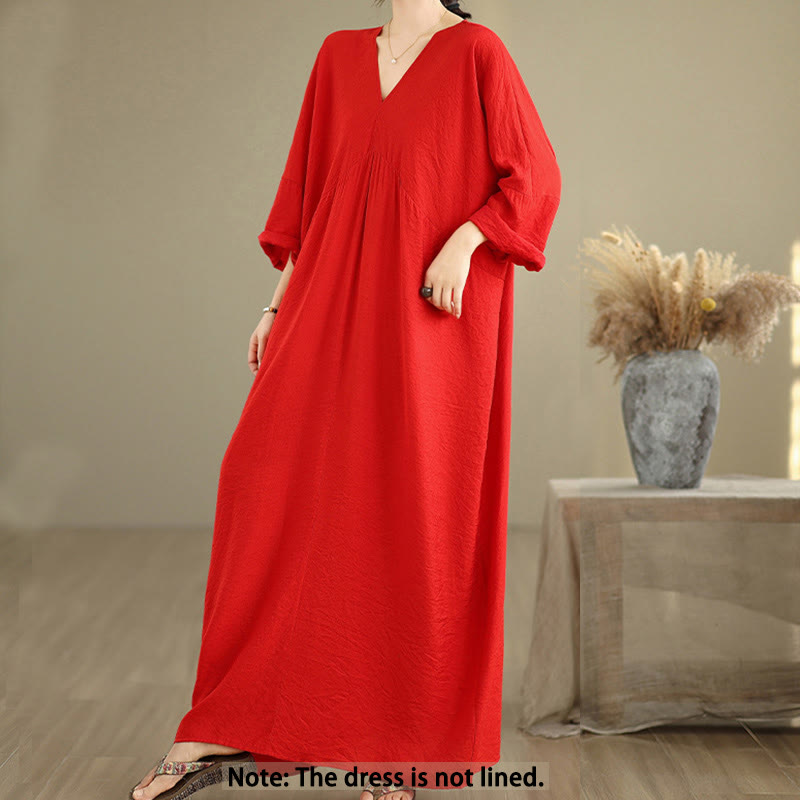 Buddha Stones Fall Casual V-Neck Long Sleeve Cotton Maxi Dress