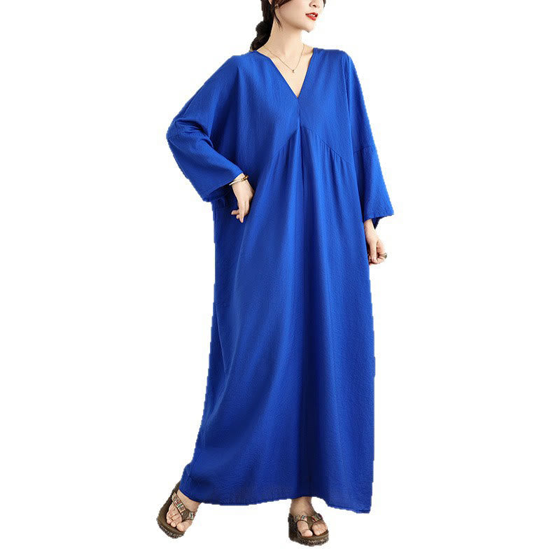 Buddha Stones Fall Casual V-Neck Long Sleeve Cotton Maxi Dress