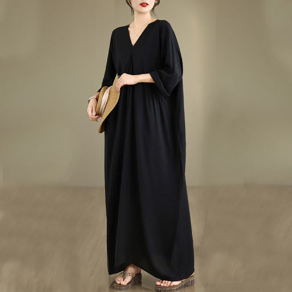Buddha Stones Fall Casual V-Neck Long Sleeve Cotton Maxi Dress