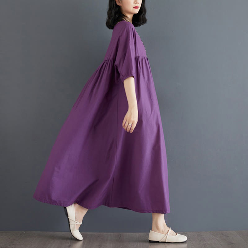 Buddha Stones Casual Solid Color Pleated Design Crew Neck Half Puff Sleeve Cotton Maxi Dress