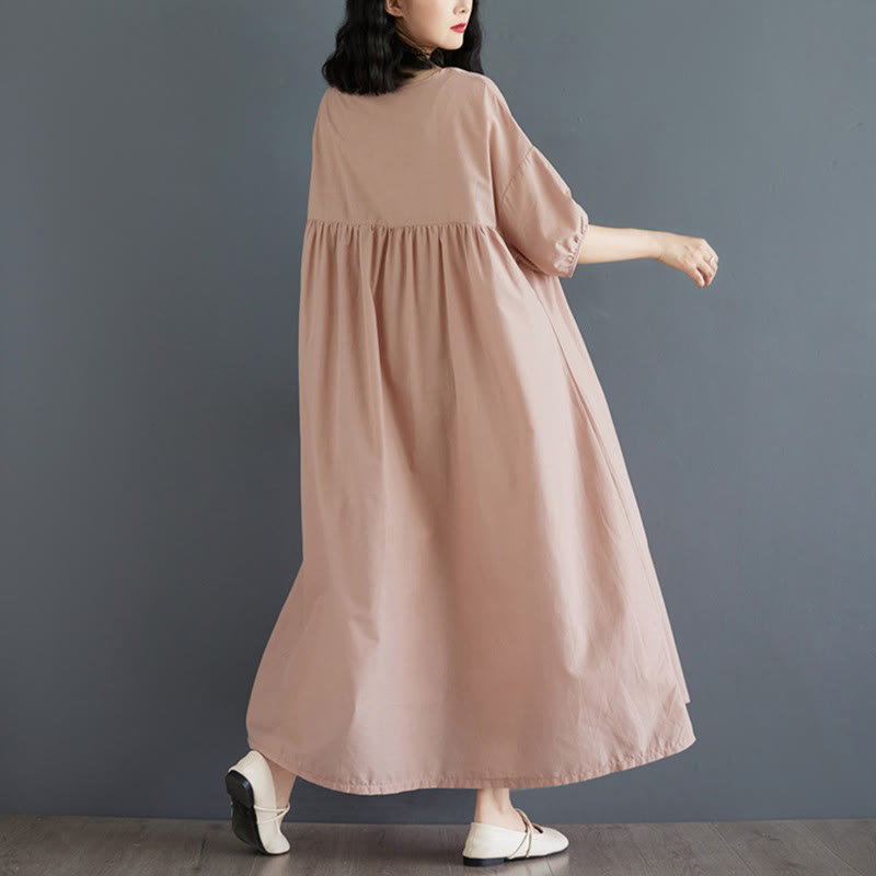 Buddha Stones Casual Solid Color Pleated Design Crew Neck Half Puff Sleeve Cotton Maxi Dress
