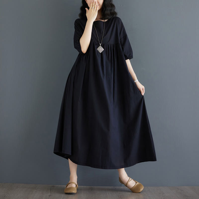 Buddha Stones Casual Solid Color Pleated Design Crew Neck Half Puff Sleeve Cotton Maxi Dress